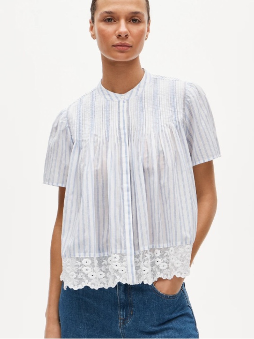 J crew Lace-trim short-sleeve button-up top in cotton voile